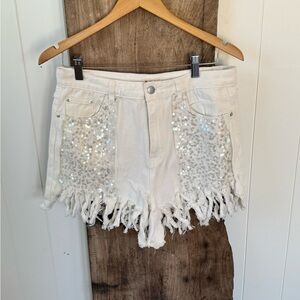 POL White Sequin Denim Shorts with Sparkle Pockets SZ L